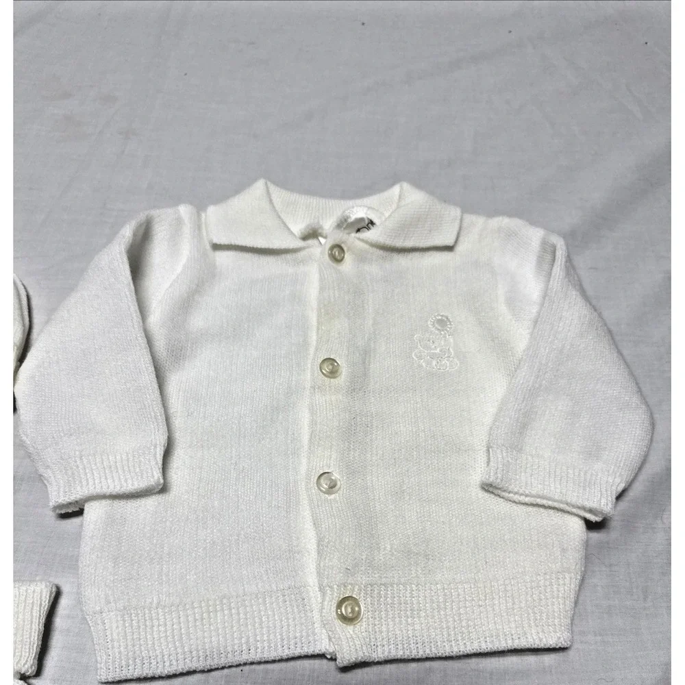 Little Ones 3-Piece Knit Sweater Set for Newborn Baby Solid White Baptism Vtg